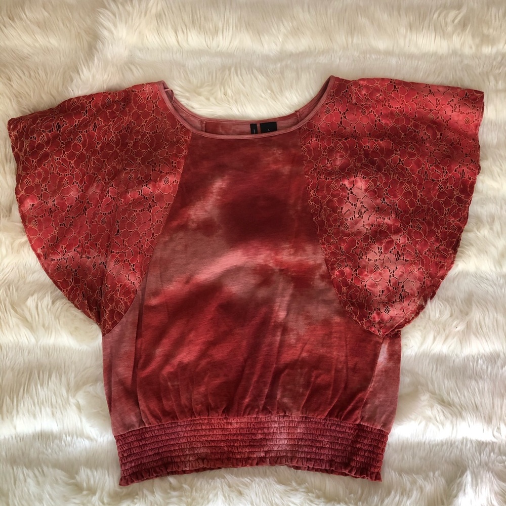 Orange Lace Sleeve Top With Elasticized Bottom